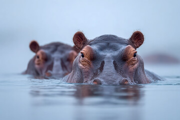 Fototapeta premium Two majestic hippopotamuses partially submerged in calm water with focused expressions and muted natural lighting on a serene wildlife scene