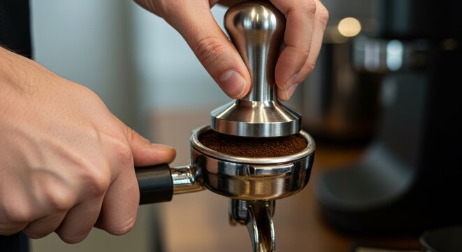 Barista tamping ground coffee with metal tamper at coffee station  