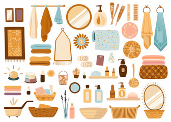 Collection of bathroom accessories and spa items in warm earthy tones