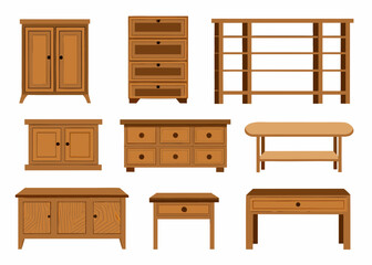 Collection of wooden furniture items including cabinets drawers and shelves