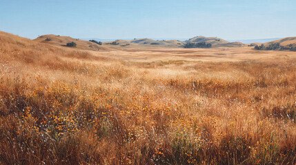 Fototapeta premium A vast, sun-drenched grassland stretches towards rolling hills under a clear blue sky, dotted with small yellow wildflowers.
