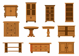 Collection of wooden furniture items in a flat design style