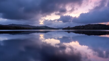 The evening glow reflects on the calm surface of the water, with an open sky that leaves ample blank space for text or design elements, capturing the serene and peaceful natural scene of the evening.