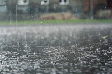 rain in the city, the flow of water along the city street during a downpour, bubbles, drops and...