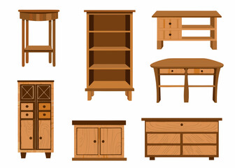 Collection of rustic wooden furniture items on a white background