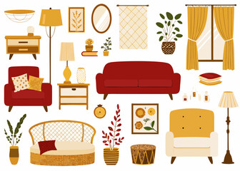Cozy living room furniture and decor elements in warm colors