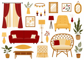 Cozy living room furniture and decor elements collection