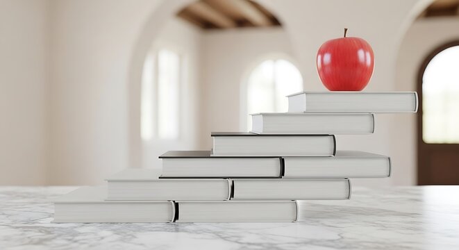 Stack of Books with a Red Apple, Symbolizing Education and Knowledge, Modern Still Life Composition, Books and Apple on Marble Table, Conceptual Education Image - Powered by Adobe