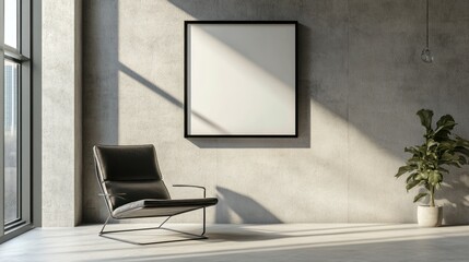 A minimalist interior featuring a chair, plant, and an empty frame on a concrete wall.