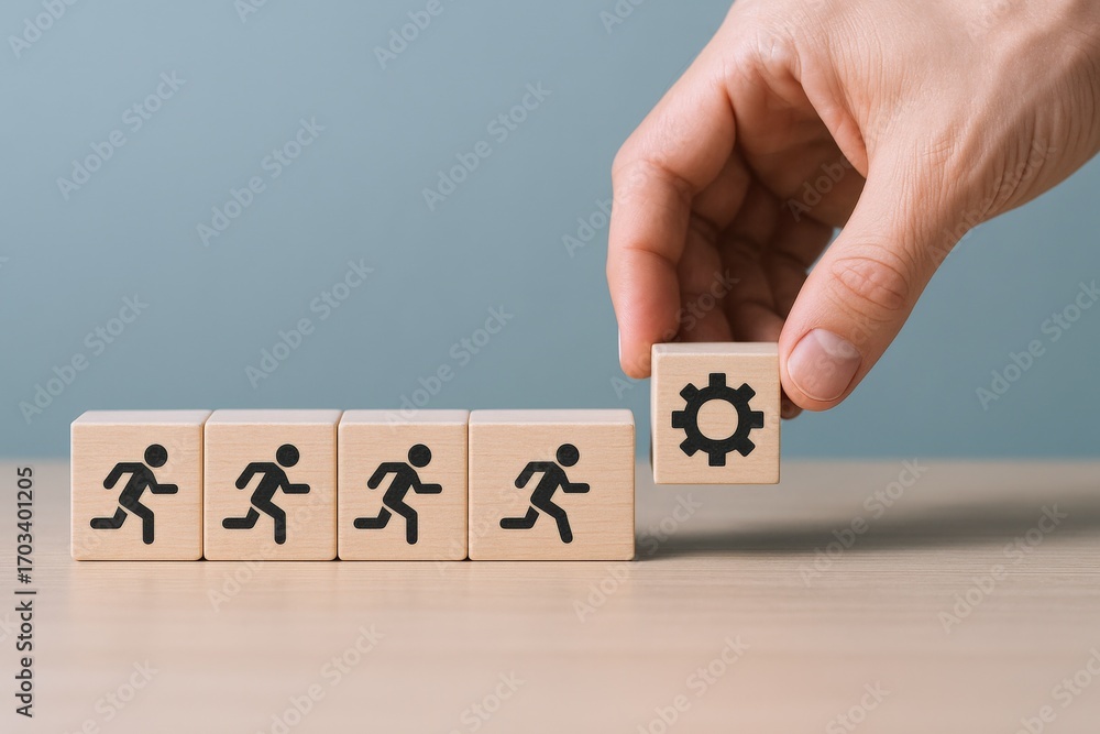 Poster concept of optimizing business performance with running figures and gear icon, efficiency and develo