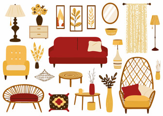 Cozy living room furniture and decor elements collection