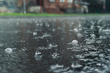 Fototapeta premium rain in the city, the flow of water along the city street during a downpour, bubbles, drops and splashes during rain