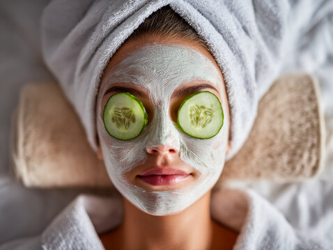 Woman relaxing with cucumber slices and facial mask in a spa setting - Powered by Adobe
