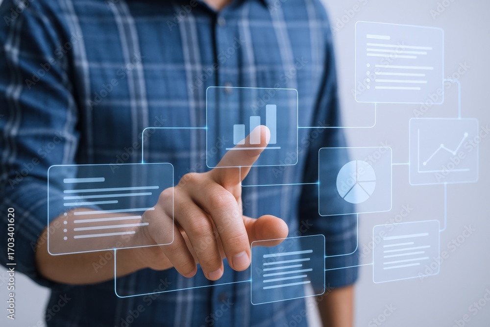Poster man interacting with digital interface: data visualization and touchscreen technology for business i