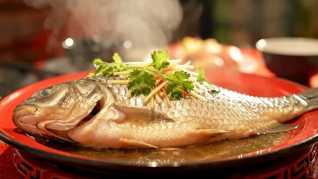 Close up steamed fish placed red platter cinematic UHD festive cultural Lunar New Year stock footage. cooked seafood dish scarlet plate filmic ultra high definition holiday