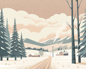 Cozy winter landscape with snowing mountains and houses