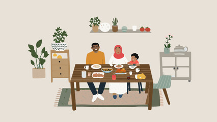 Muslim family enjoying a meal together at a dining table