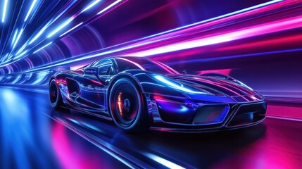 Fototapeta premium A futuristic car racing through a neon-lit tunnel, showcasing speed and modern design.