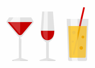Three different drinks in glasses with white background