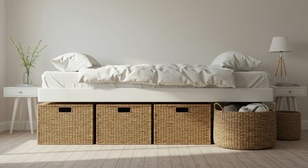 Modern bedroom interior with storage bed and minimalist decor  