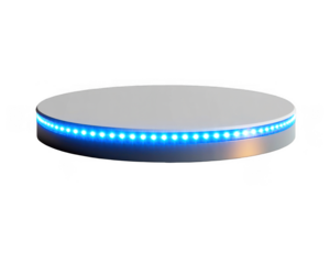 Circular platform illuminated by blue LED lights is presented 