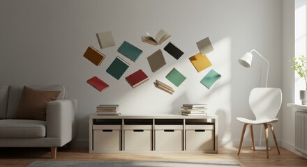 Modern living room with colorful books on wall and cozy furniture  