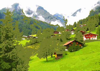 Alpine village nestled among green hills and majestic mountains