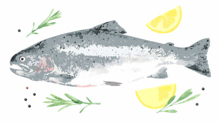 Watercolor illustration of a fresh trout with lemon slices and rosemary sprigs