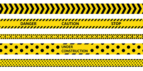 Set of yellow and black warning tapes for safety and construction