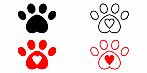 Set of four paw print icons with hearts in black and red