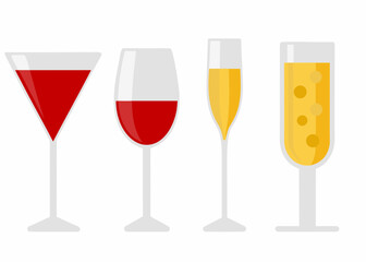 Collection of four different glasses filled with red wine and champagne