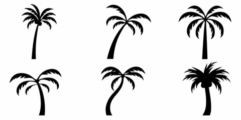 Collection of six black silhouette palm trees on white background