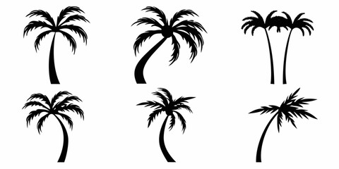 Collection of six black silhouette palm trees on white background