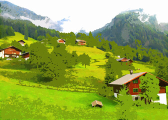 Charming swiss chalets nestled on a vibrant green mountain slope