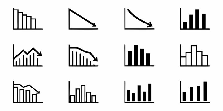 Collection of financial and business chart icons showing decline and growth