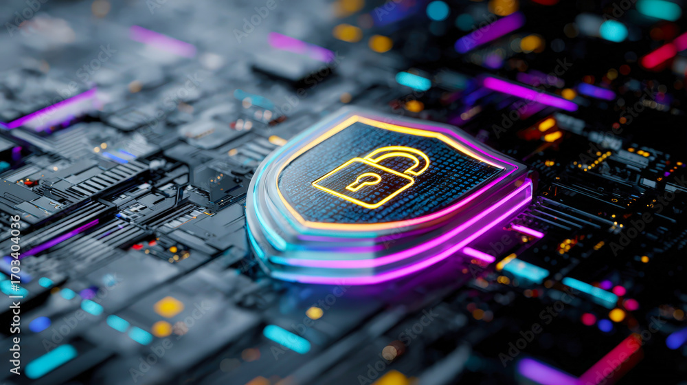 Aufkleber high-tech digital background featuring a shield with lock symbol on a circuit board design illuminat