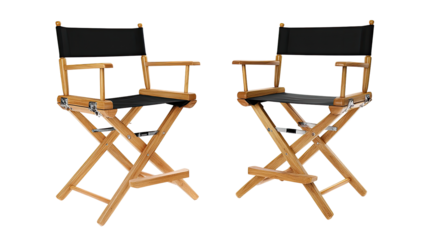 Two black canvas director's chairs, light-tan wooden frame, side-by-side