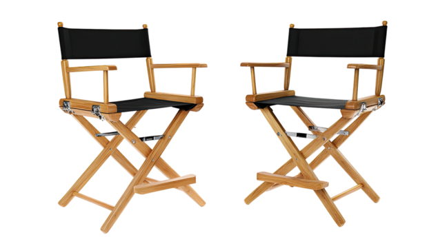 Two black canvas director's chairs, light-tan wooden frame, side-by-side