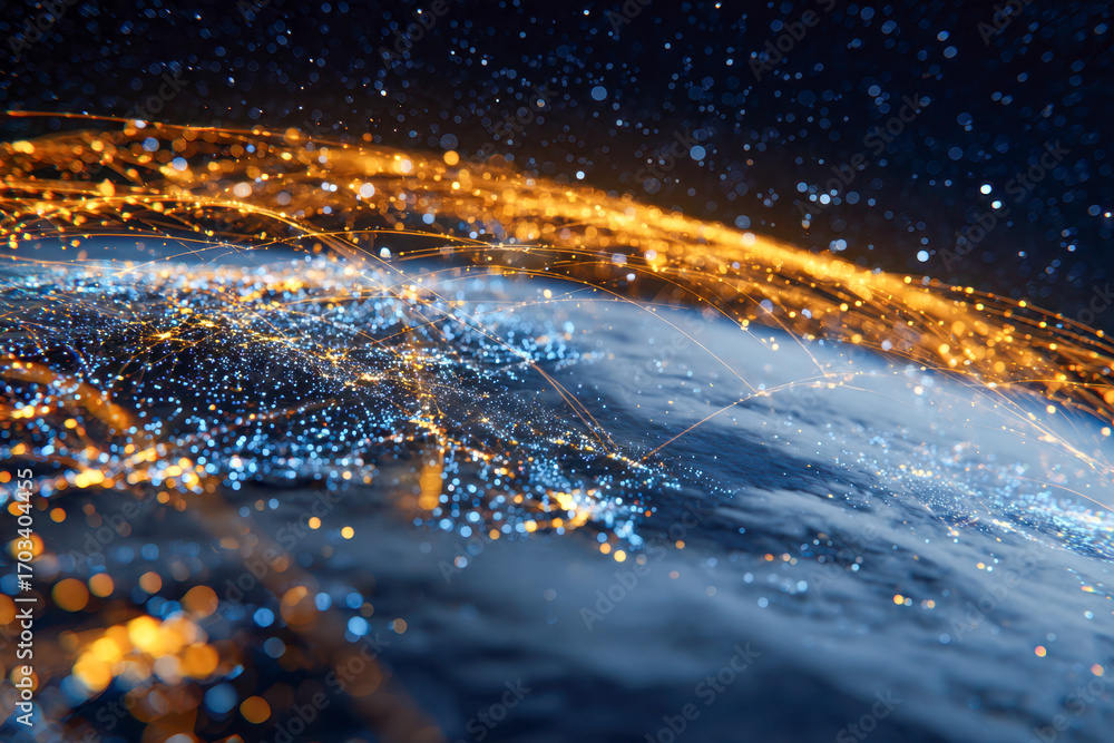 Aufkleber digital visualization of global data connections with illuminated networks and glowing points repres