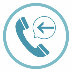 Vector art of a teal icon featuring a telephone receiver with a speech bubble containing a leftpointing arrow, all encircled by a teal ring