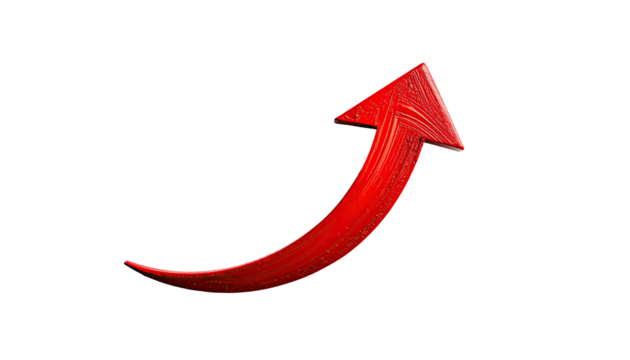 Red upward curving arrow on black background. Textured, 3D effect