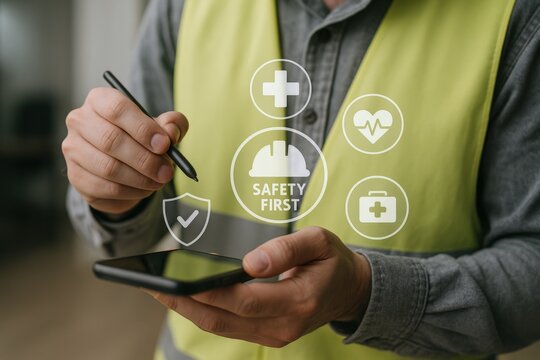 Worker Utilizing Digital Tablet Displaying Safety First Icons for Workplace Compliance and Health Awareness
