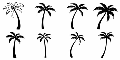 Collection of eight black palm tree silhouettes on a white background © bashanti