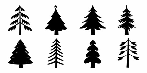 Collection of eight stylized black christmas tree silhouettes on a white background