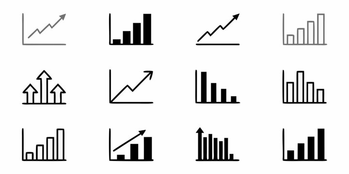Collection of simple hand drawn bar and line graph icons showing growth and decline