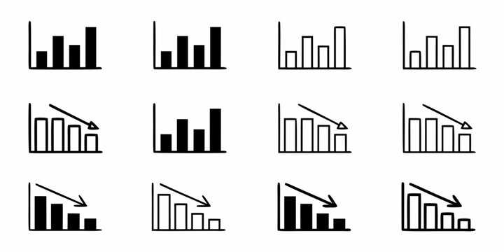 Collection of bar chart icons showing growth and decline