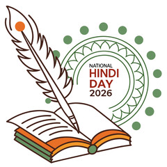 Vector art of celebrate national hindi day 2026 with this vibrant illustration featuring a quill pen resting on an open book, symbolizing knowledge and the beauty of the hindi language