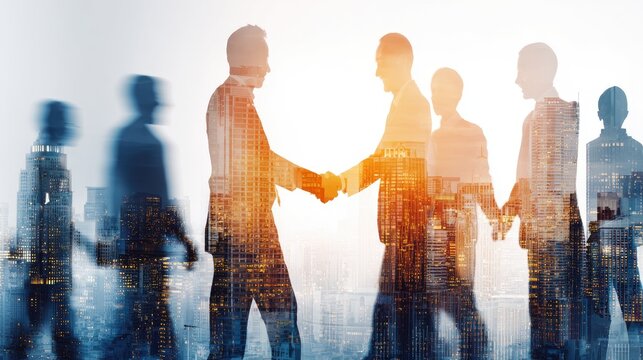 Business Professionals Handshake In Cityscape Silhouette - Powered by Adobe