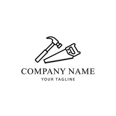 A minimalist black and white logo featuring a hammer and a saw, symbolizing construction and craftsmanship, with placeholder text for company name and tagline.
