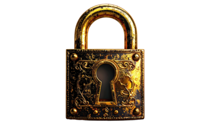 Ornate gold padlock on black background